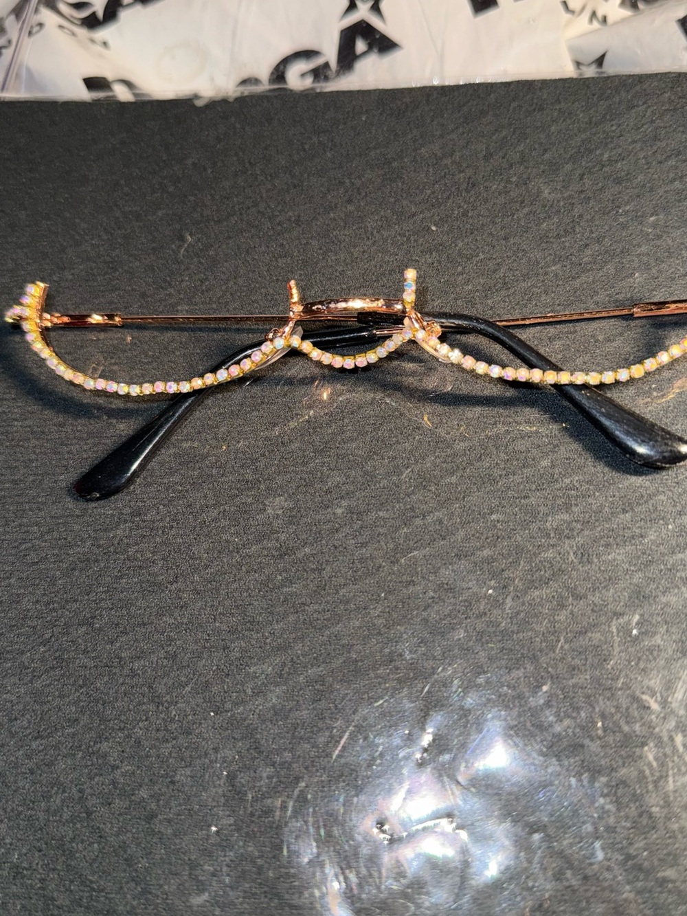 Source Unknown Gold Rhinestone Cat-Eye Glasses with Black Temples